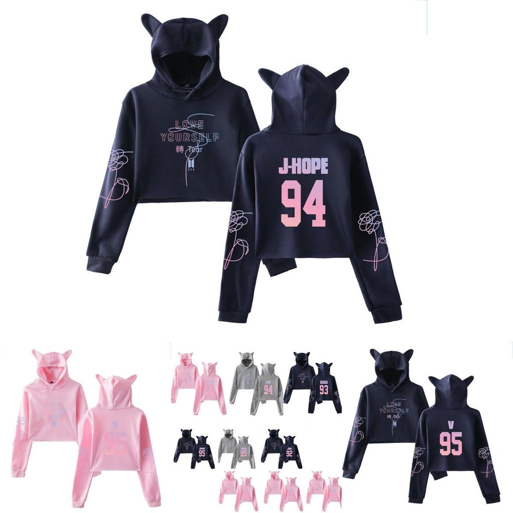 Unisex Bts Kpop Jung Kook Jimin 95 97 Bluza z kapturem Bluza z uszami kota Top Crop