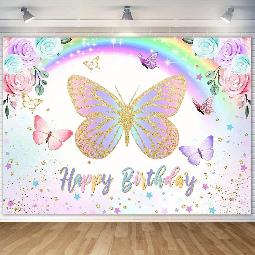 Photography Background: Rainbow Butterfly Birthday Background  Purple and Pink Flower Butterfly Birthday Background  Polyester