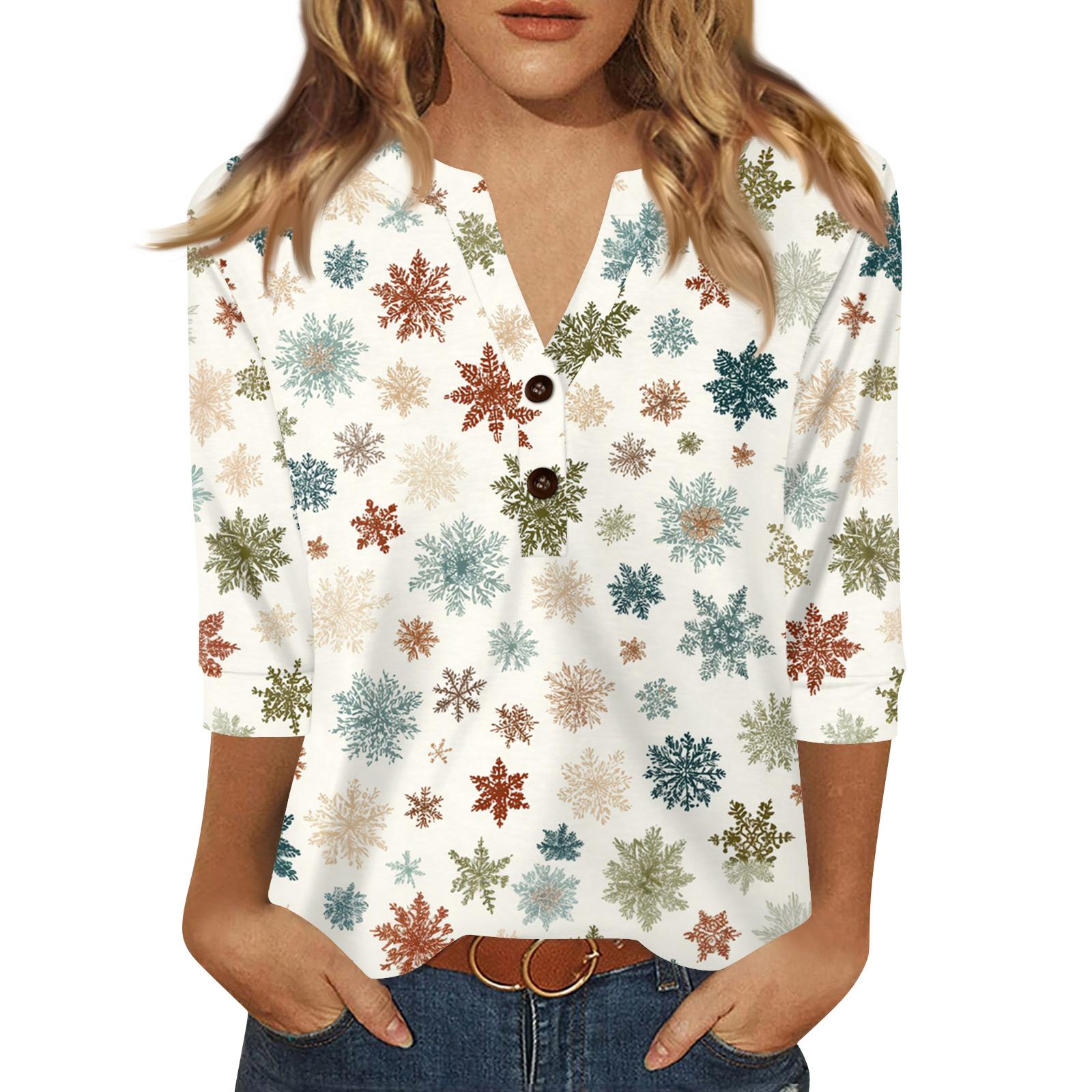 

Women s T Shirt Print Button 3/4 Sleeve Daily Weekend Fashion Basic V- Neck Regular Top S бежевый