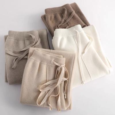 Autumn Fashion High Waist Loose Wide Leg Pants Women Solid Elegant Straight Knitted Casual Trousers Women Vintage Drawstring Simple Ladies Pants 25695