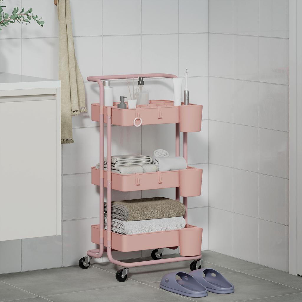 Serving Trolley, 3-Tier, 4 Hooks, 3 Removable Hanging Boxes, 42 x 38 x 86.5 cm, Pink
