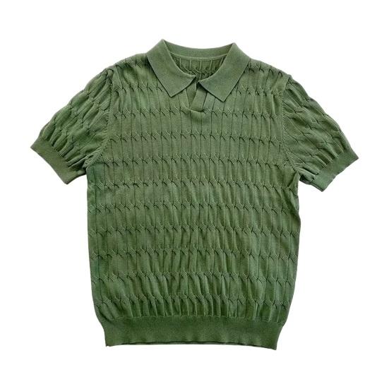 Men Top Turn-down Collar V Neck Jacquard Knitted Solid Color Short Sleeves Loose Stretchy