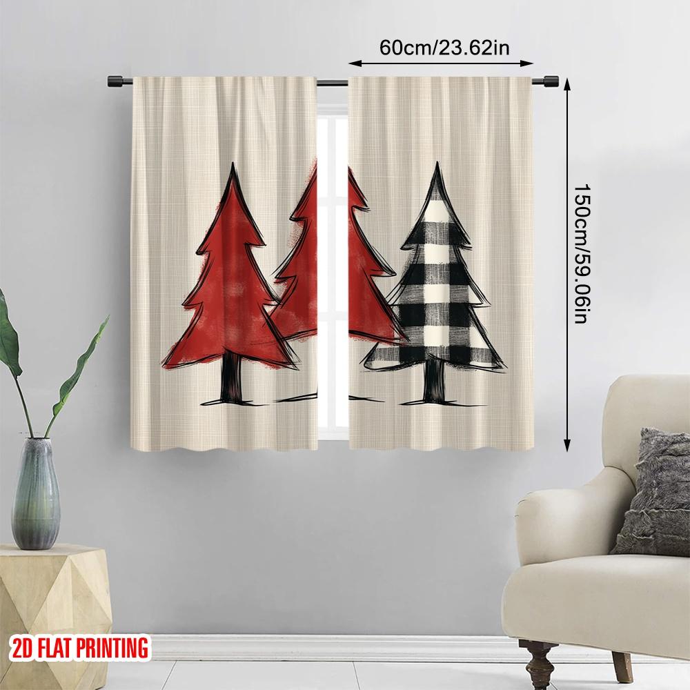 2pcs,2D plane printing Pattern Curtains Buffalo Plaid Trees Farmhouse Style (2) Durable 100% Polyester Fabric (without rod)