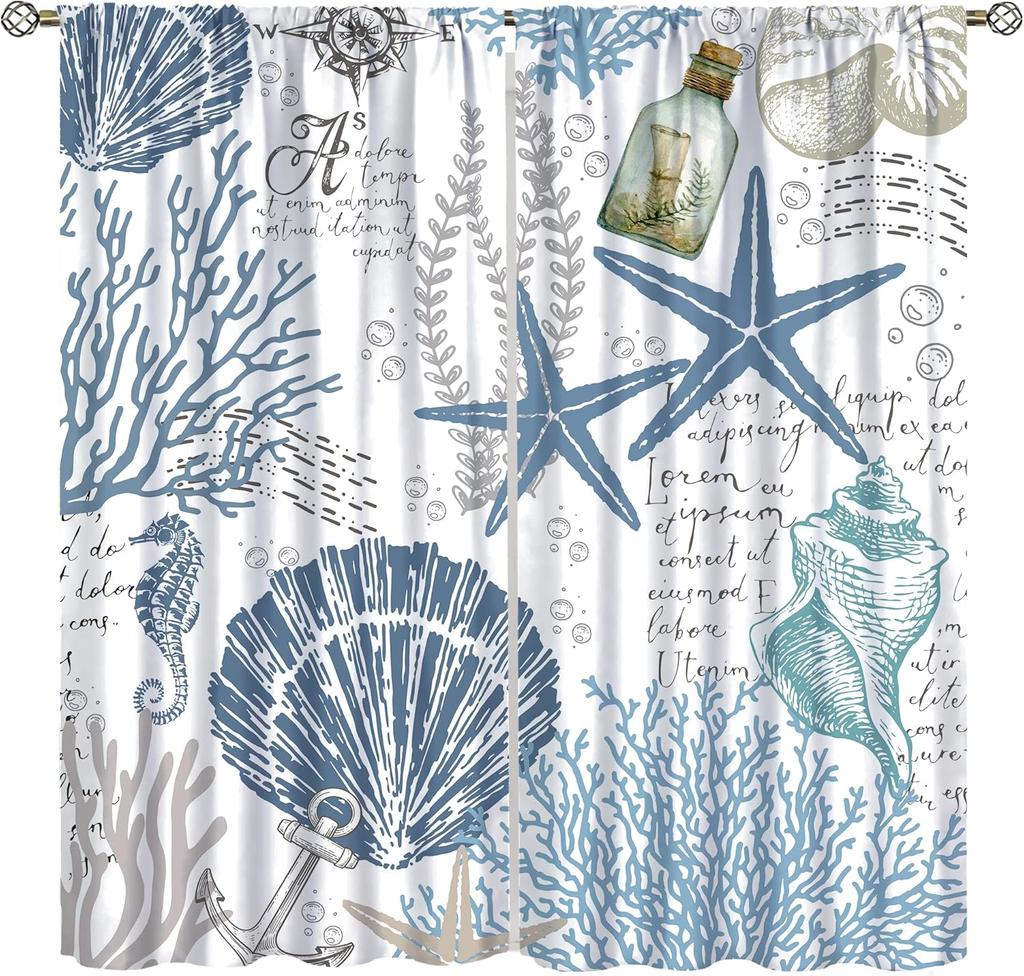 Nautical Ocean Beach Curta,Pink Green Seashell Starfish Coral Coastal Cafe Curta Marine Window Treatment Drapes Home Decor