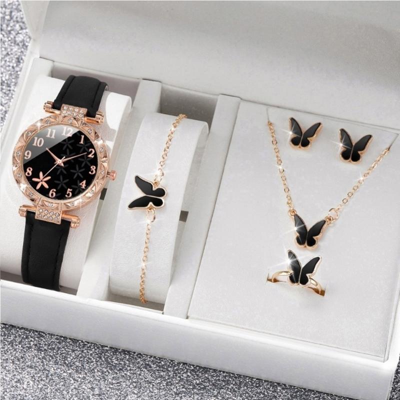 Stylish Watch with Matching Pendant Necklace Chain Bracelet Rings Butterfly Studs Earrings Jewelry Set Alloy Texture
