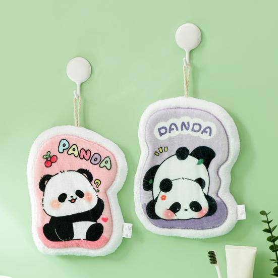 Cartoon Panda Hand Towel Hanging Thickened Washcloth Absorbent Towel with Hanging Ring for Kitchen Bathroom Home Travel