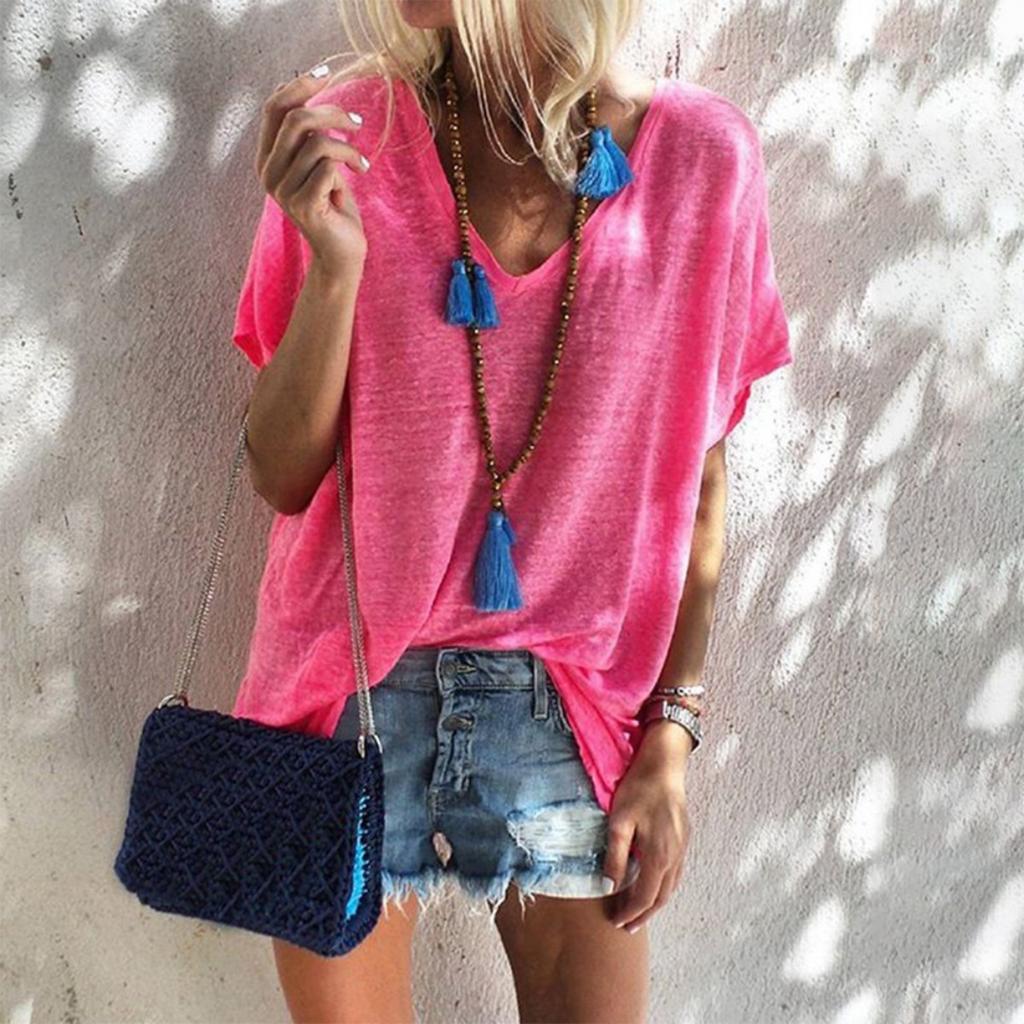 Summer Candy Color Plus Size Loose V-neck Short Sleeve T-shirt for Women Casual Light Streetwear Top