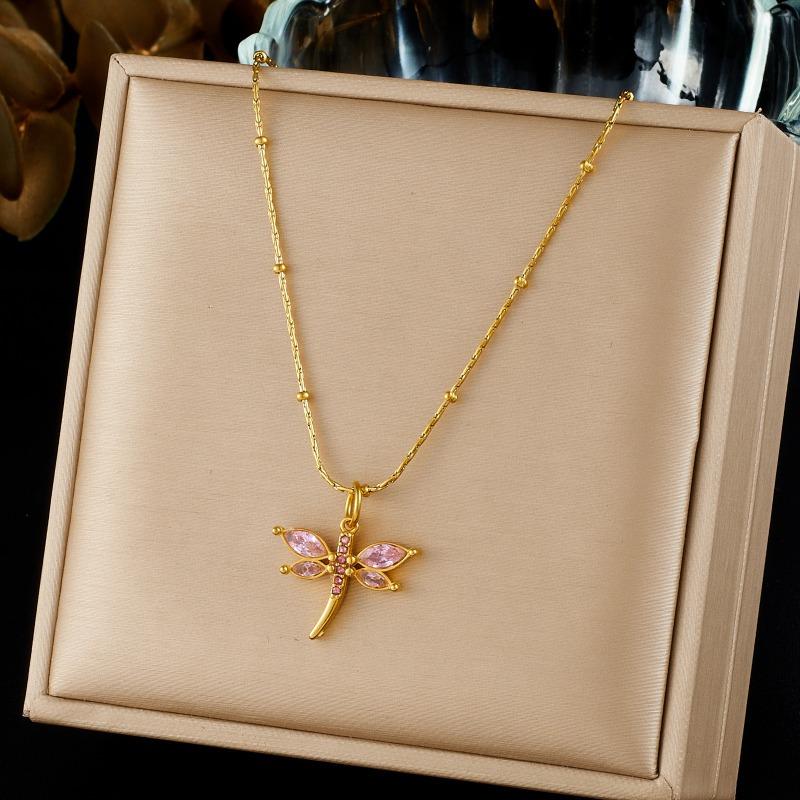 Collana Libellula con Catena di Perline Dorate e Pendente in Cristallo Rosa per Donna