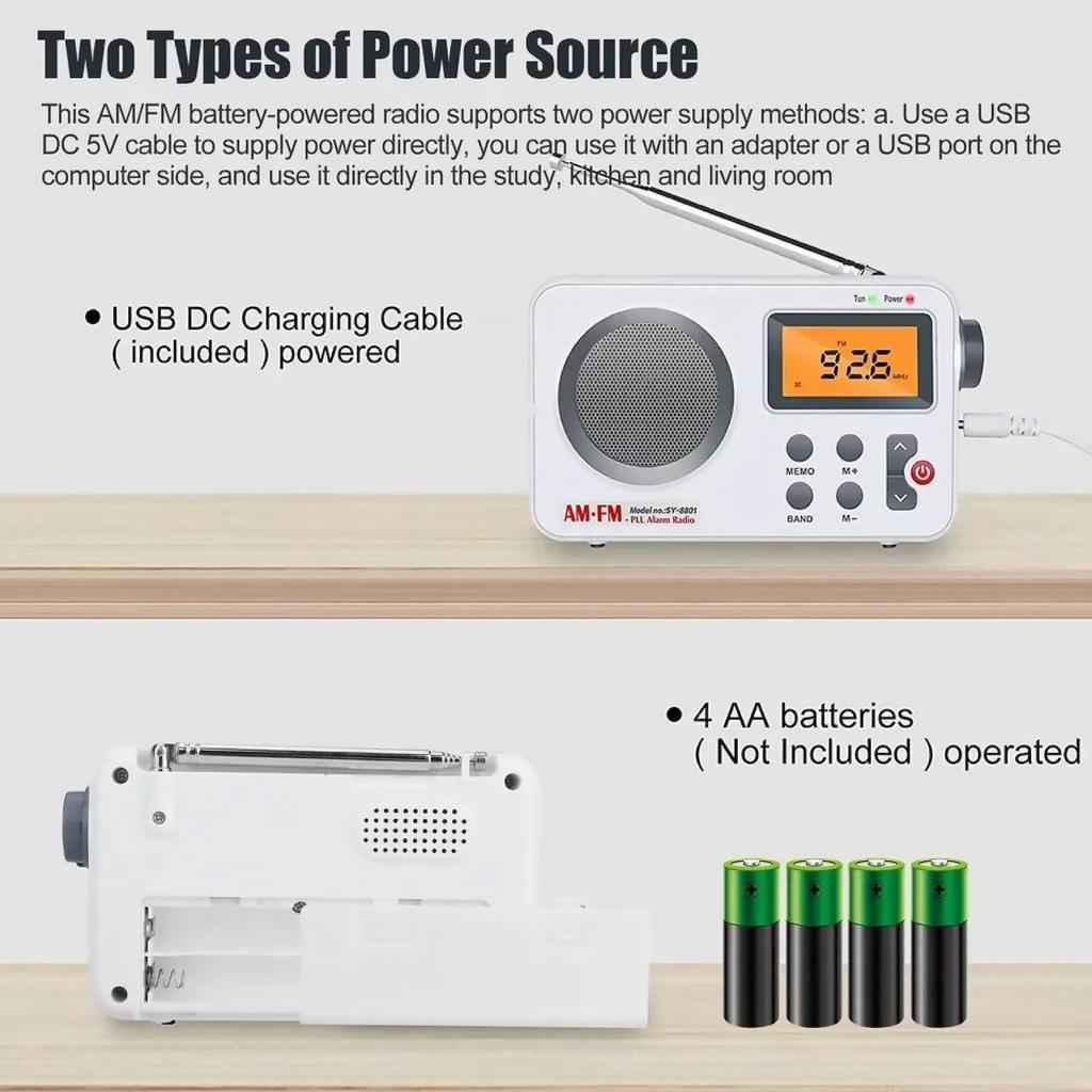 DC 5V Digital Radio with Backlit LED Loud Channel Smart for Home Use AM/FM SY-8801 Display, Speaker, Manual/Auto Search, Presets,