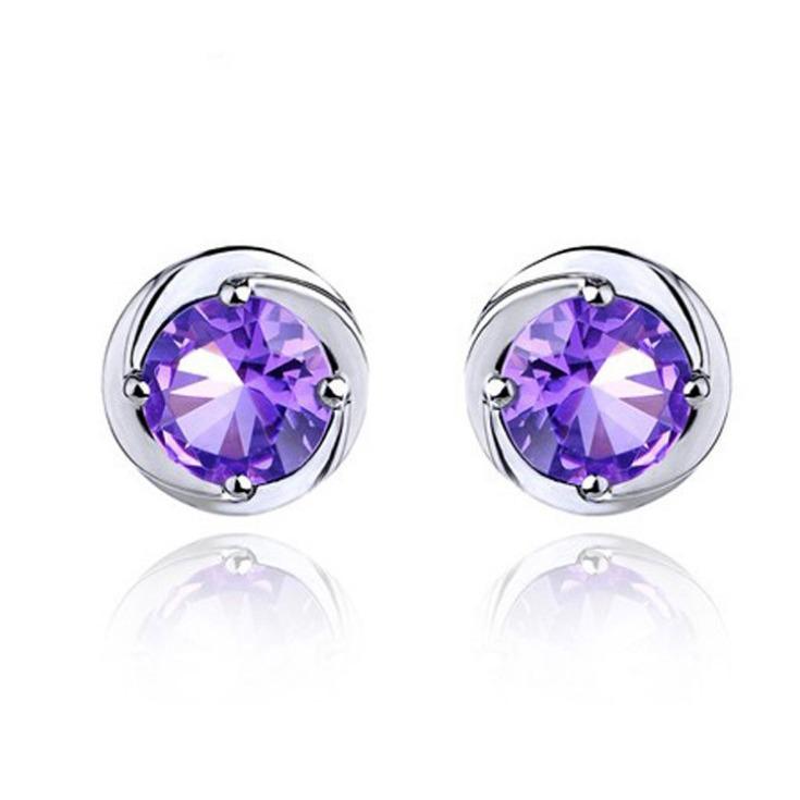S925 Sterling Silver Amethyst Round Four-Claw Crystal Stud Earrings