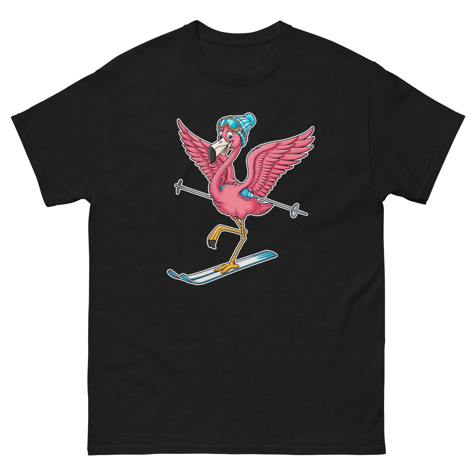 Flamingo Skiing Skier Fun Cartoon Ski Shirt T-Shirt S
