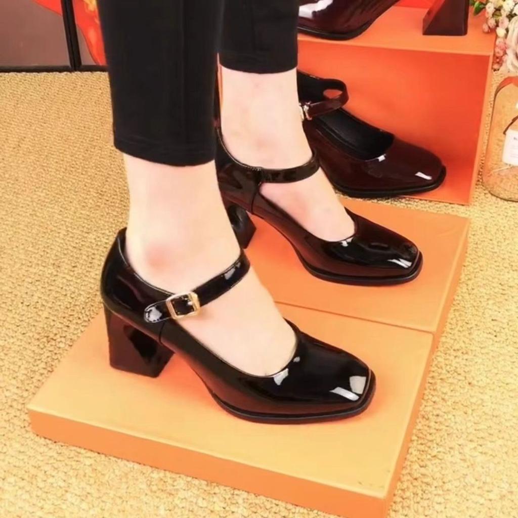 Women's Shoes Patent Leather One-word Square Head Leather Shoes Medium Thick Heel Wear-resistant Soft Leather Mary Jane Shoes Comfortable Women