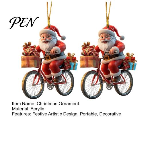 Santa Claus Gift Bag Tags 2Pcs Christmas Riding Bicycle Acrylic Hanging Ornament, Car Lightweight Ornaments Interior Rearview Mirror Charm,