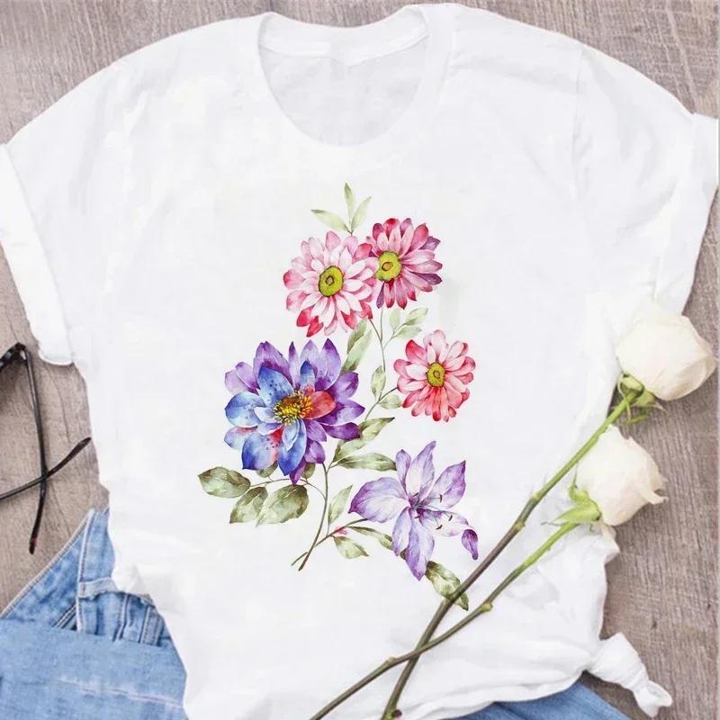 Red Rose Printed Women's T-shirt Summer Round Neck Harajuku Korean Pattern Top Women's T-shirt Top