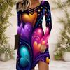 Women Cross V Neck Long Sleeve Dress Red Blue Geometric Abstract Print Irregular Hem Dress