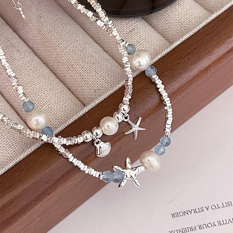 Sterling Freshwater Pearl Bracelet With Starfish Shell Charm Minimalist Layering Jewelry Women