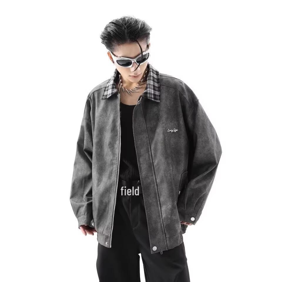 Unisex Retro Karomuster Patchwork Lederjacke - Mellade Street Style Trend