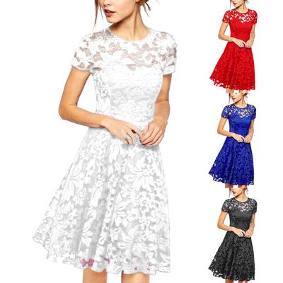 Damenmodisches Rundhals-Kurzarmkleid mit Spitzenbesatz