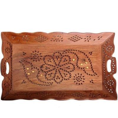Handgefertigter Trey aus Holz mit Griffen und einer wunderschönen handgefertigten Schnitzerei und Messingdesign, 38,1 cm