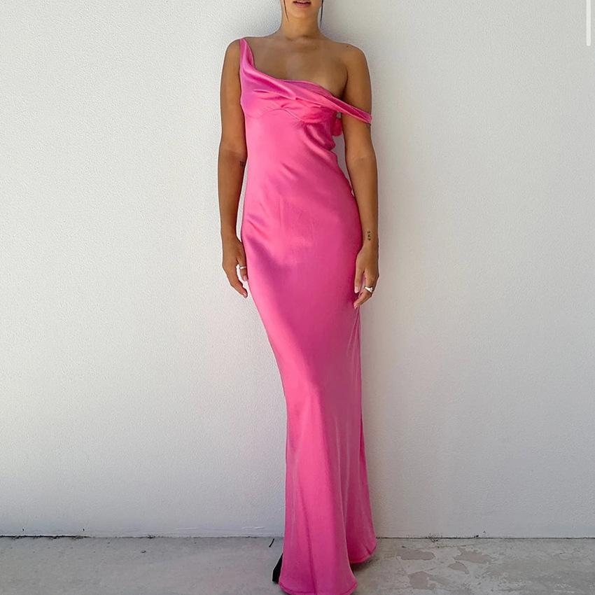 European and American Style Sexy Backless Swing Collar Diagonal Off-the-shoulder Dress High-end Sense Satin Niche Design Sense Dress Long Dress Women