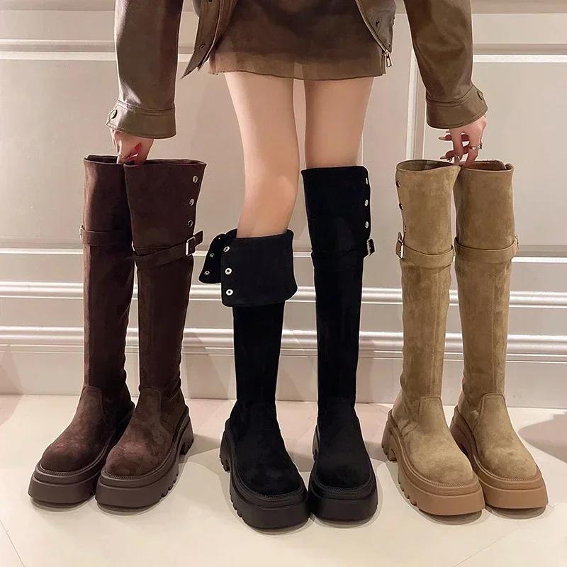 Women's Knight Boots New Platform Strap Buckle Women's Boots High Thick Heels Round Head Long Boots Over-the-Knee