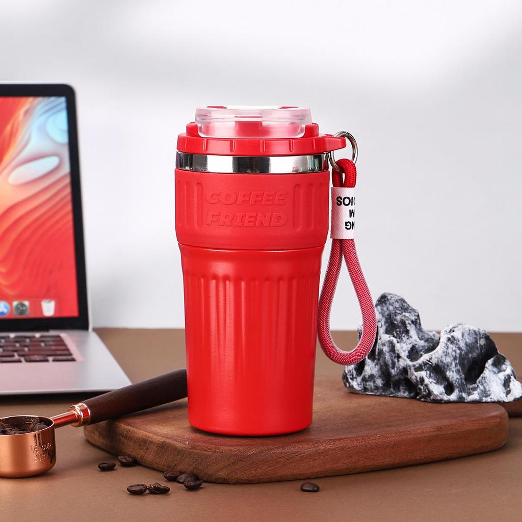 Portable Insulated Ceramic Liner Coffee Cup with Straw - Unisex Light Luxury Style for Office and Car