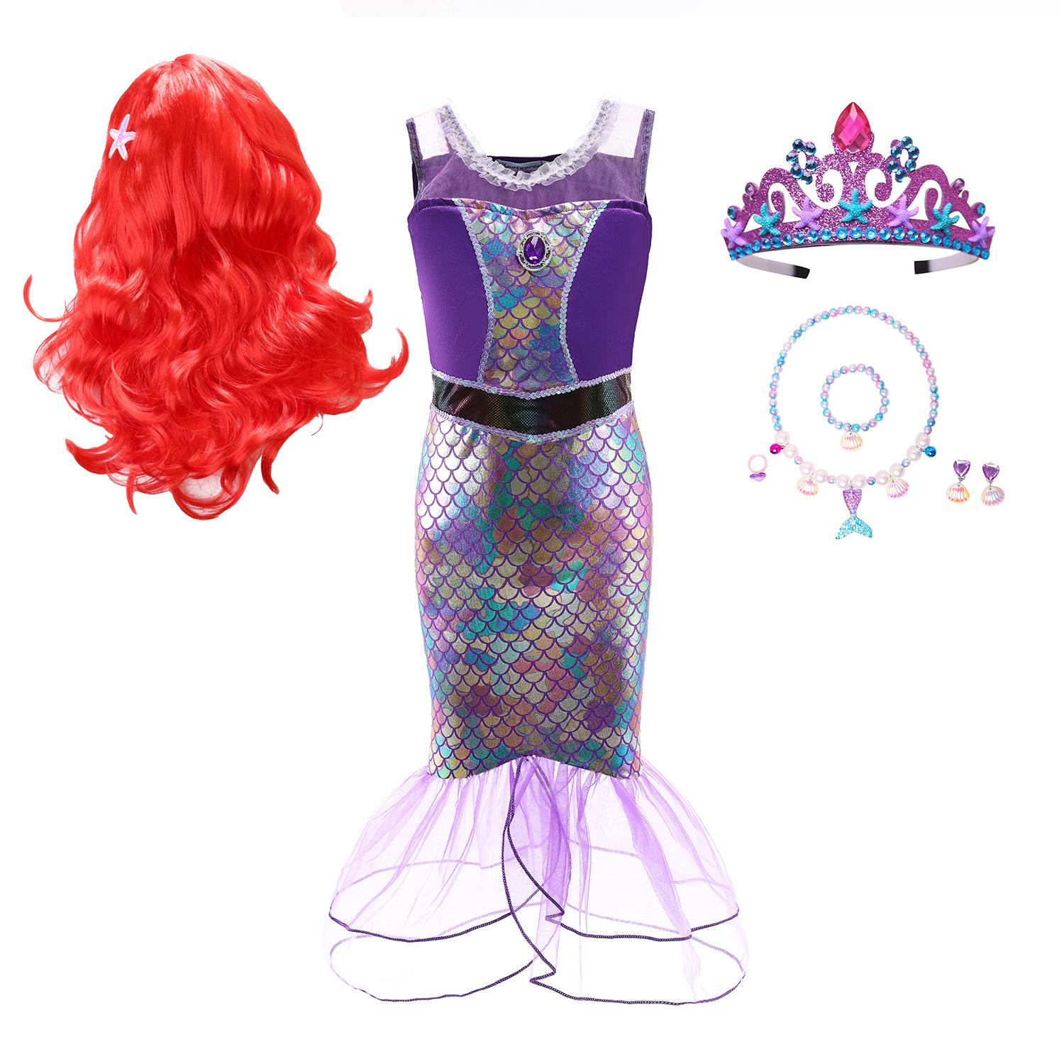 Костюм принцессы Русалочки для девочек, детское платье для косплея + парик + аксессуары, детская одежда на Хэллоуин, карнавал, день рождения 110