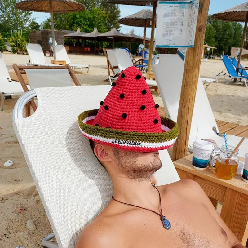 Handmade Summer Sun Hat - Ice Silk Pointed Top with Watermelon Design, Wide Brim, UV Protection for Men and Women
