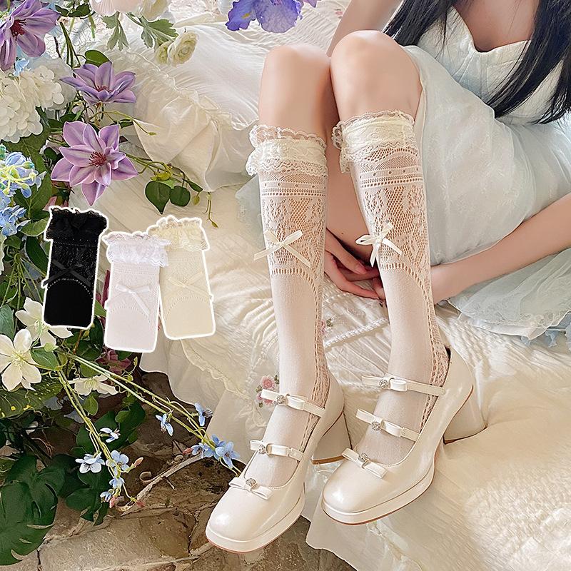 

Ballet-style Lace Calf Socks for Women Spring and Summer, Thin Lace Bow Lolita White Pile Socks 1 pair чорний