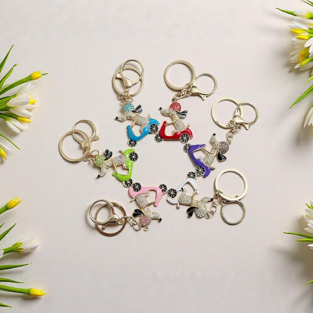 Trendy Rhinestone Dog-on-Bike Keychain Pendant