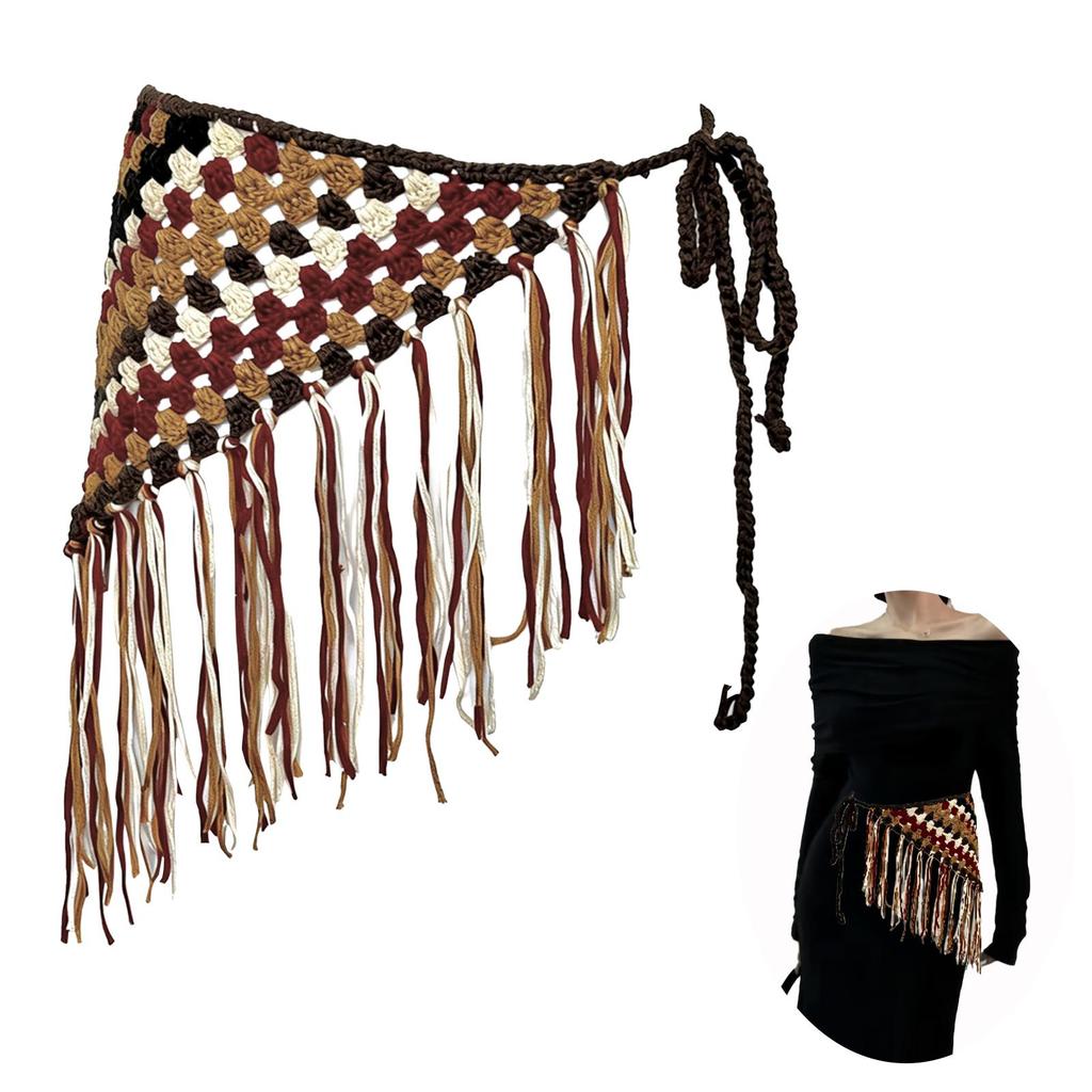 Bohemian Crochet Tassel Waist Scarf Adjustable Fringe Layering Accessory for Women