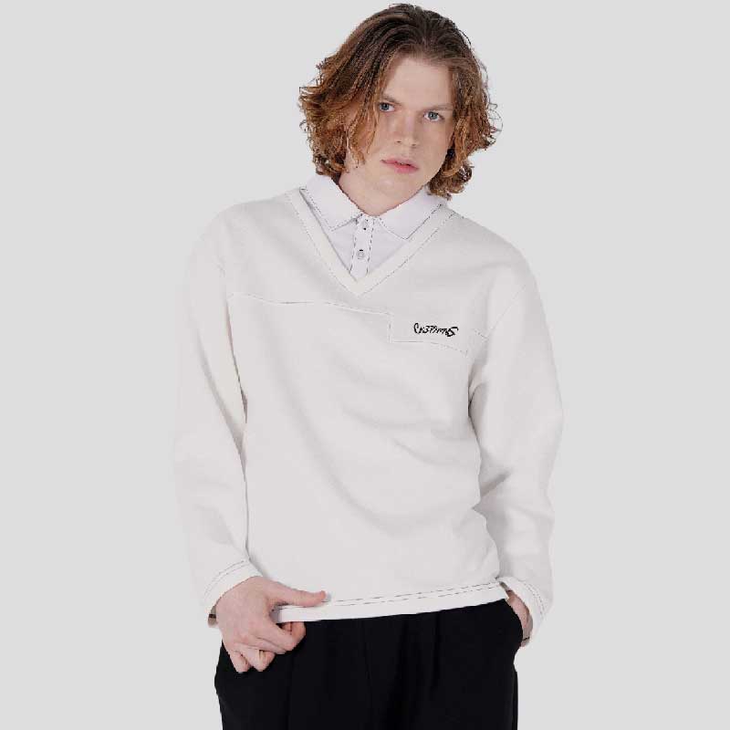 CUSTOMUS Men'S Shirt Collar Layered Reversible Pq Logo Embroidered Long Sleeve T-Shirt Cxs25Fkkt906 Ivy
