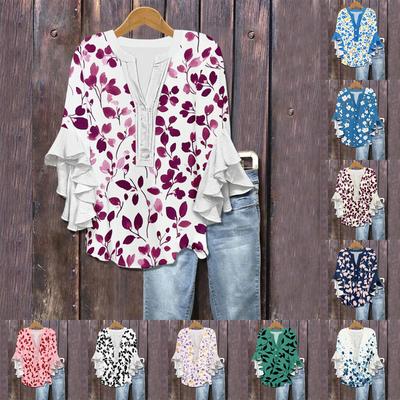 Women's Summer Tops V Neck Three-quarter Sleeves Floral Print Flowing Ruffle Sleeves Half-button Shirt