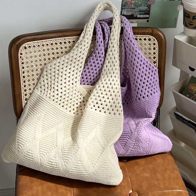 Korean Style Wool Knit Shoulder Bag - Solid Color, Versatile, Literary, and Simple Aesthetic.