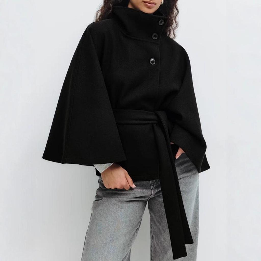 Women's Autumn/Winter Stand-up Collar Solid Color Cloak Coat with Buttoned Waist Belt