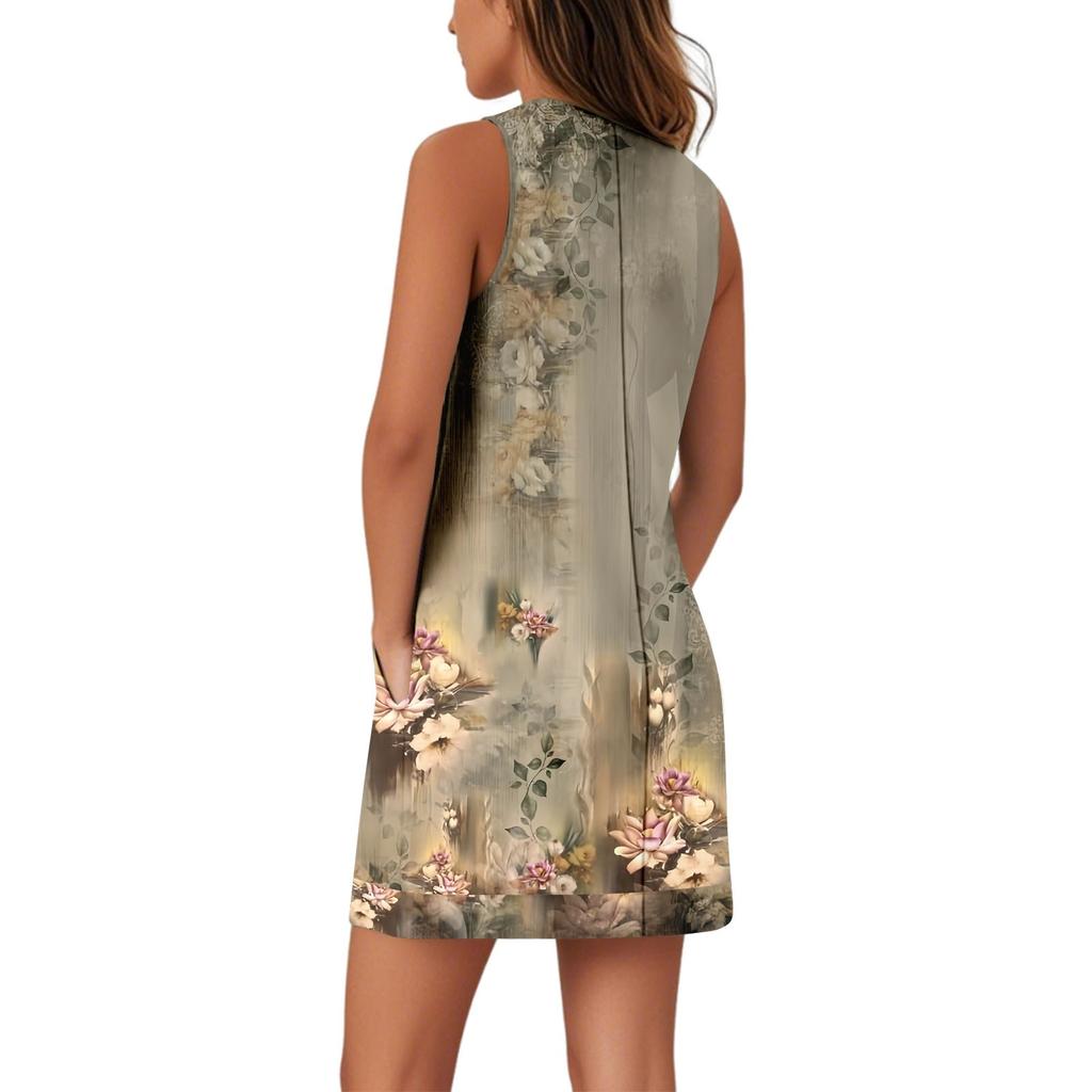 Women's V-neck Sundress Sleeveless Casual Floral Print Dress With Pockets