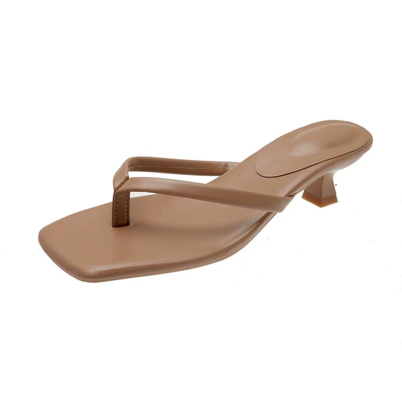 2024 New Hot Selling High Quality Solid Color Square Toe Summer Ladies Slippers Low Heel Comfortable Women's Shoes Thick Heel