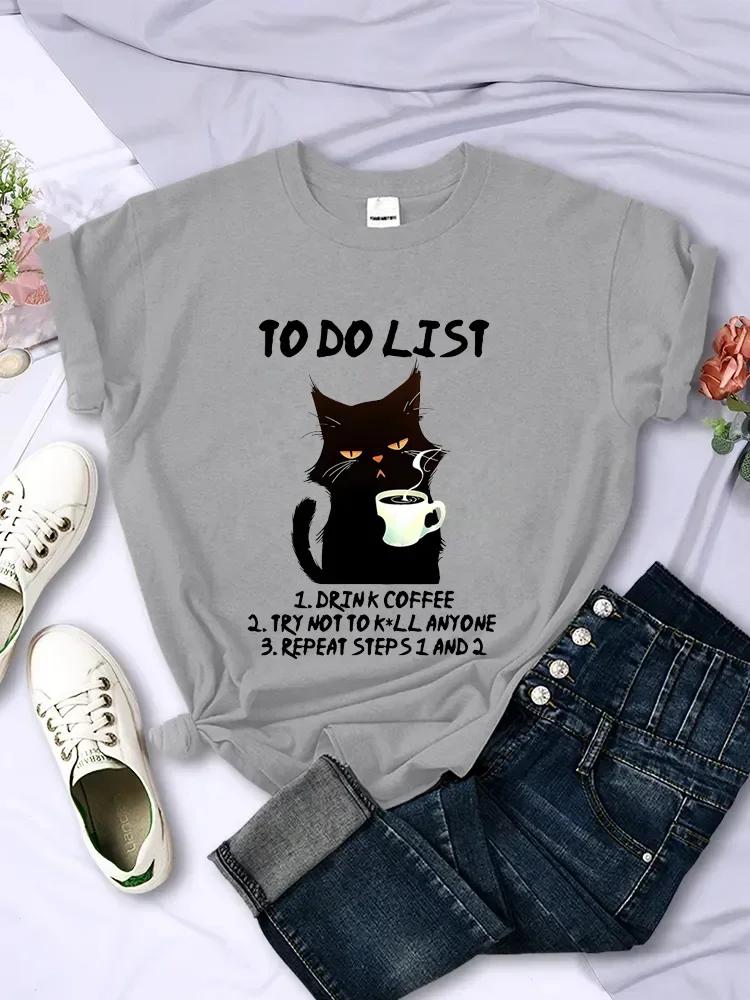 Black Cat To Do List Graphic T Shirts Funny Cat Coffee Tshirts Tops Oversize T-shirt Fashion Harajuku T-shirts Men Brand T-shirt