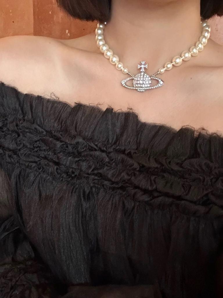 Saturn Pearl Necklace With Cz Microinlay Ushaped Pendant For Elegant Women