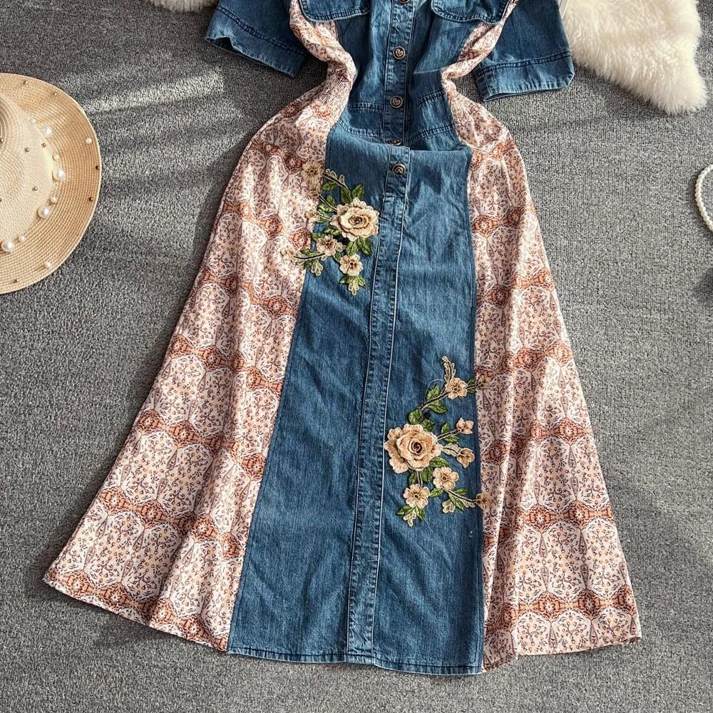 Nya sommarkvinnor tryck V-ringning enkelknäppt kortärmad broderi chiffong lapptäcksarbete mode elegant vardagsklänningar