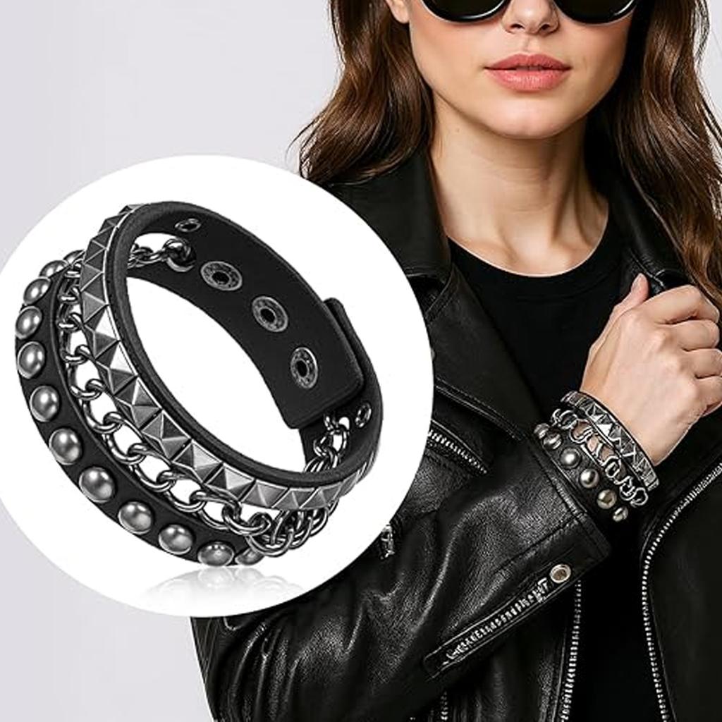 3 Pieces Punk Bracelet For Men Women 80S90S Gothic Spike Bracelets Rivet Cuff Leather Wristband Adjustable Punk Rock Bracelet