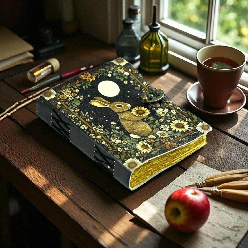 Leather Bunny Grimoire: Vintage Spell Book of Shadows with Deckle Edge