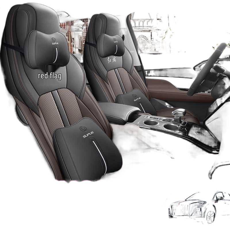 Red Flag HS3 Universal Leather Car Seat Cover: Breathable, Perforated, Four-Season Full Coverage Cushion