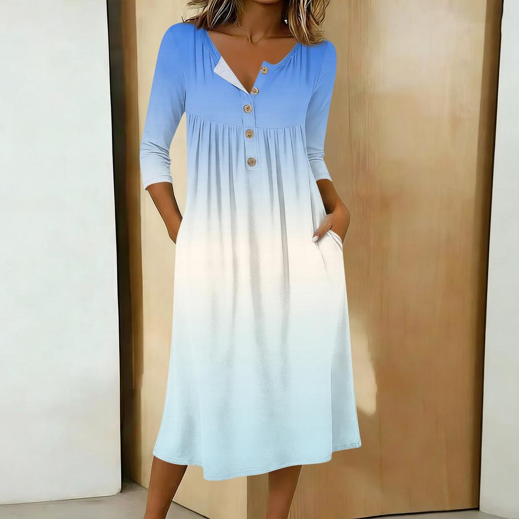 Women's Fashionable Color Printed Round Neck 3/4 Sleeve Button Collar Mid Length Casual Dress