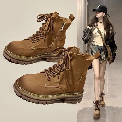 Genuine Leather Women's  Autumn and Winter New Retro Workwear Western Cowboy Boots Thick Soled Height Increasing Short Boots