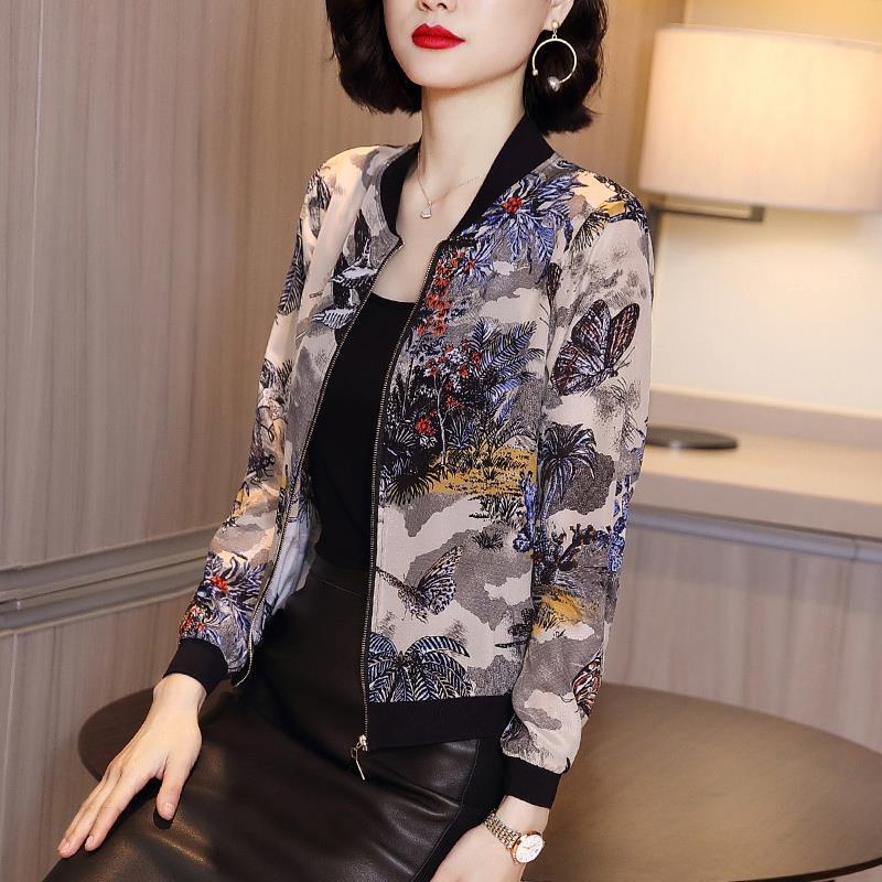 Summer Women Chiffon Jacket Thin Breathable Baseball Uniforms Long Sleeve Printed Jacket Loose Short Plus Size Sunscreen