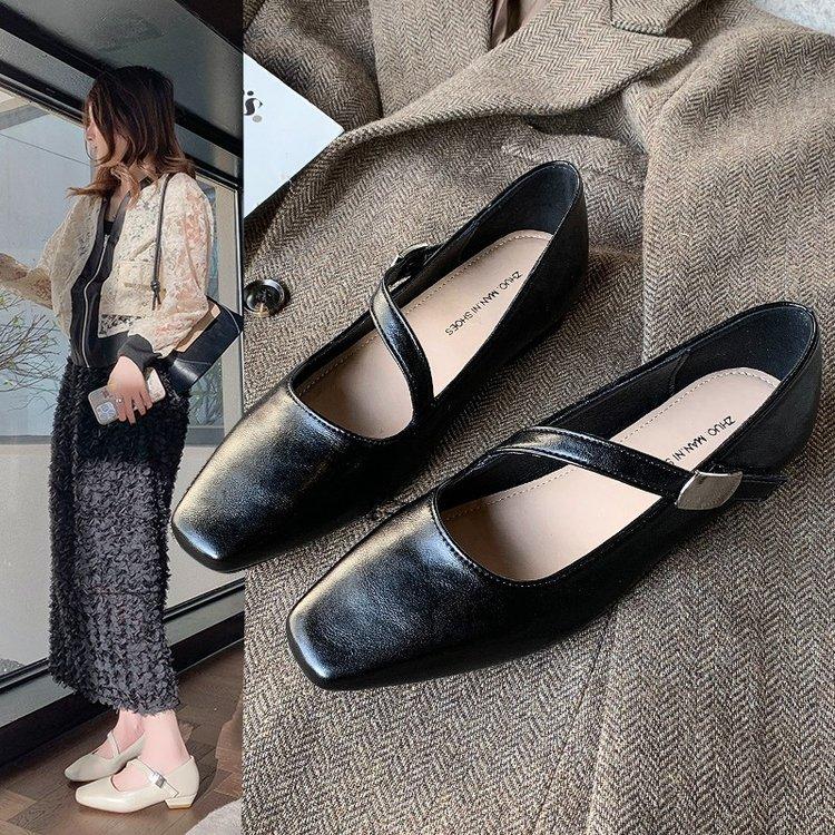 2025 Casual Versatile Odin Art Exhibition~ the ro * Square Head Leather Buckle Flat Mary Jane Women's Shoes