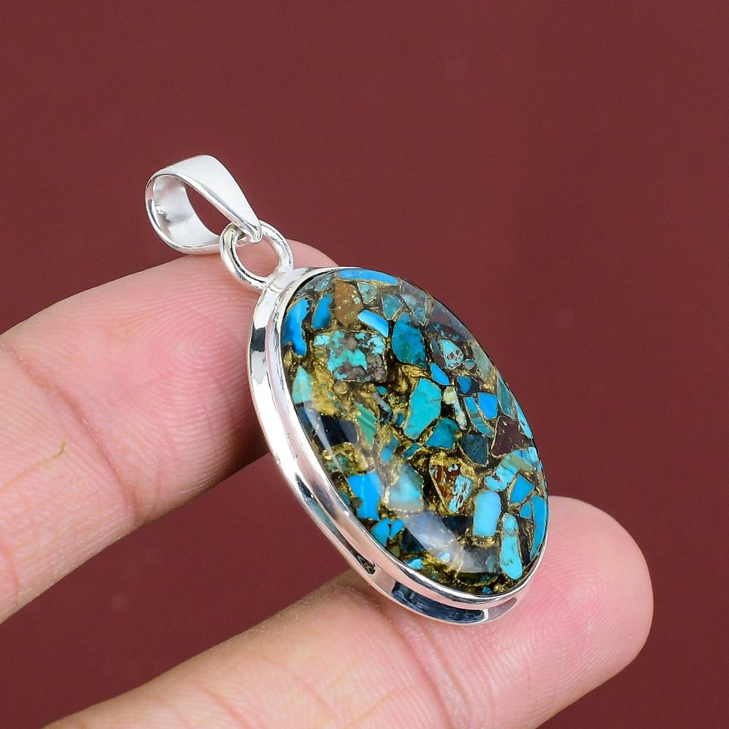 Copper Chrysocolla Pendant Natural Gemstone Jewelry 925 Sterling Silver Pendant Handmade Dainty Pendant Healing Stone Jewelry Gifts For Wife