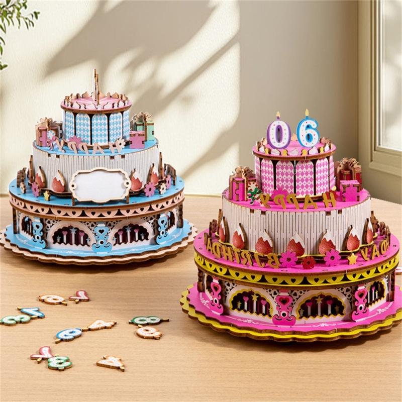 Wooden Mechanical Rotating Birthday Cake Music Box Craft Set Easy Assembly No Tool Required Musical Ornament Gifting