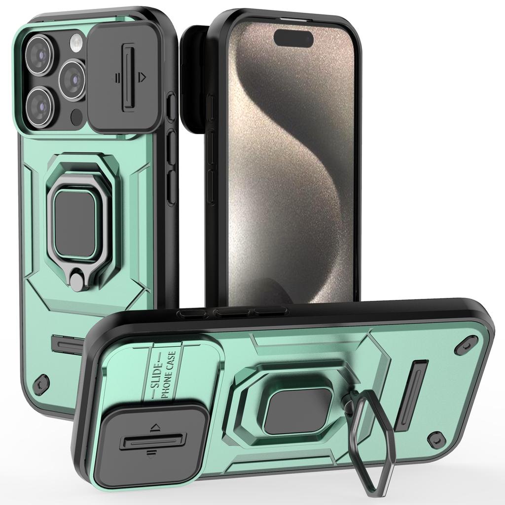 For iPhone 16 Pro Case Ring Kickstand Slide Lens Protection PC+TPU Phone Cover